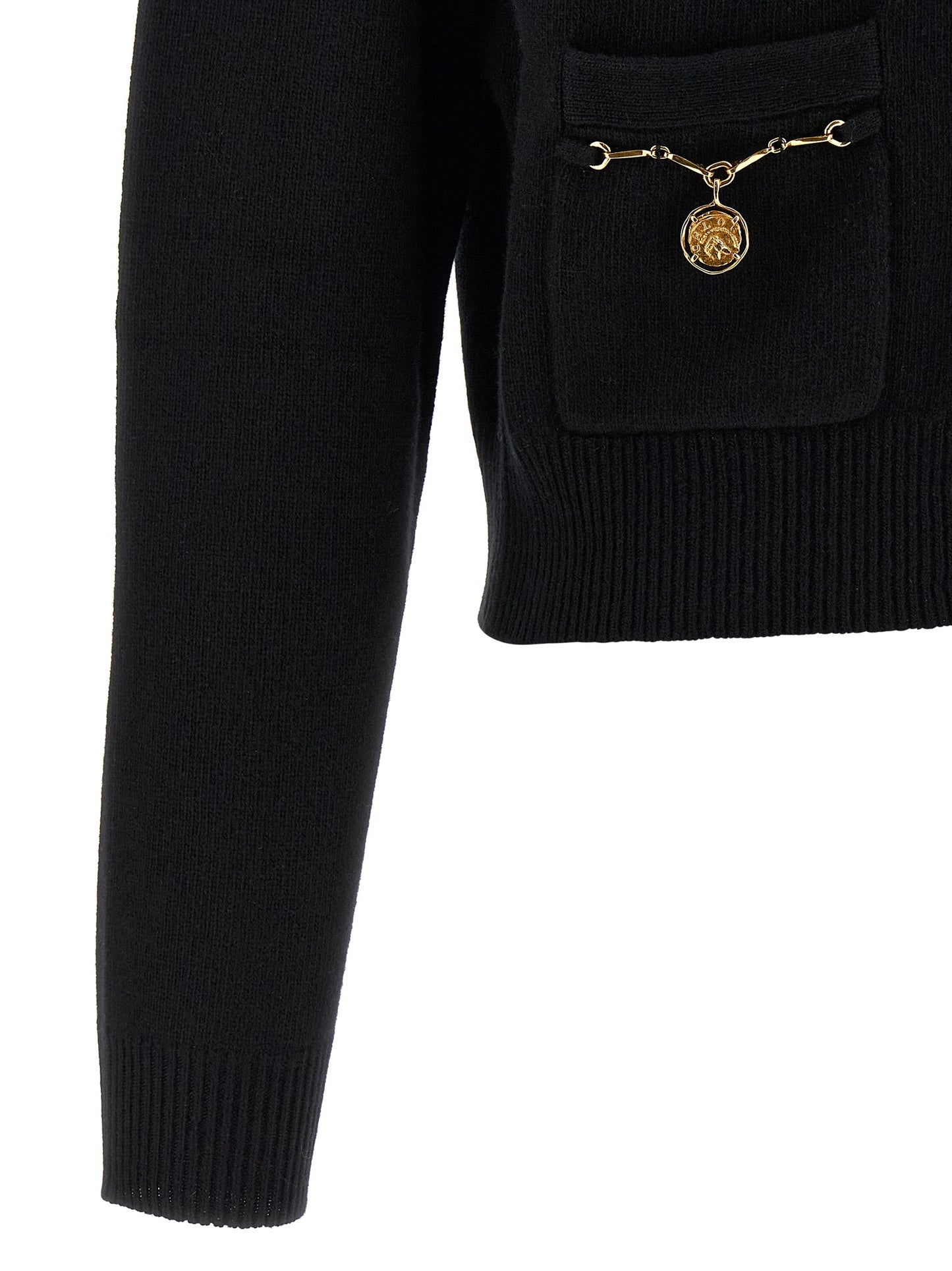 Cardigan by Chloé for women in cashmere merino wool & horse leather black presents a textural silhouette, artfully finished with a textural and for a sophisticated, textural look.