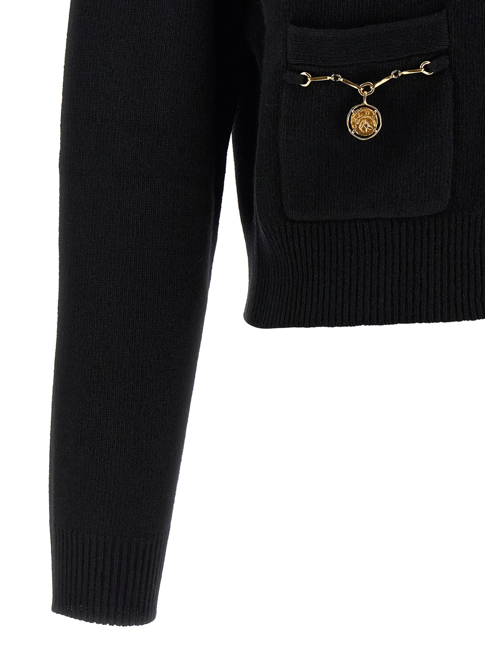 Cardigan by Chloé for women in cashmere merino wool & horse leather black presents a textural silhouette, artfully finished with a textural and for a sophisticated, textural look.