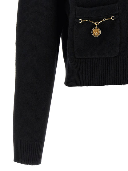 Cardigan by Chloé for women in cashmere merino wool & horse leather black presents a textural silhouette, artfully finished with a textural and for a sophisticated, textural look.