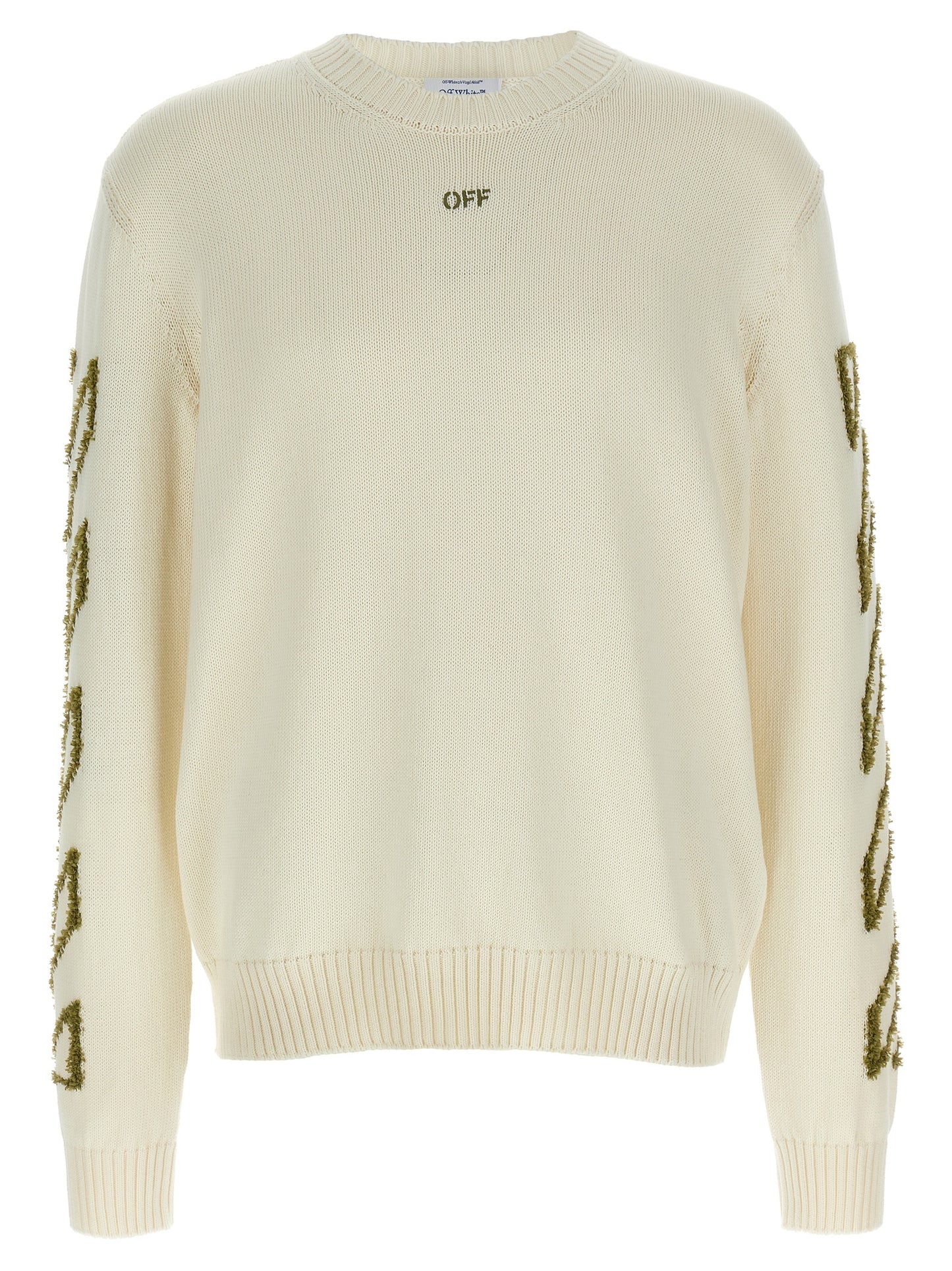 Cardigan by Off-White for men in cotton beige & white showcases a captivating silhouette, artfully detailed with a captivating and crew neckline for a truly sophisticated captivating look.