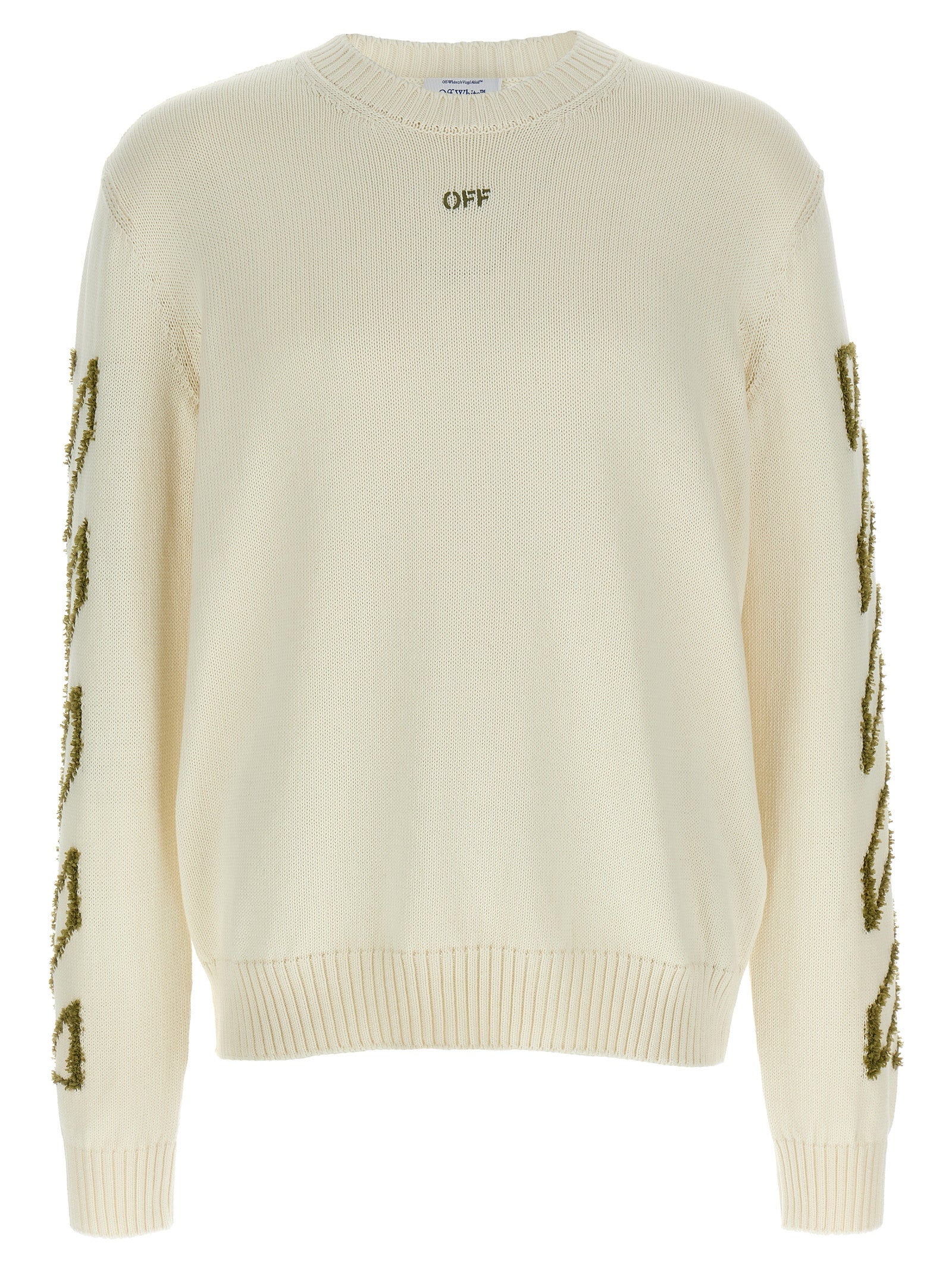 Cardigan by Off-White for men in cotton beige & white showcases a captivating silhouette, artfully detailed with a captivating and crew neckline for a truly sophisticated captivating look.