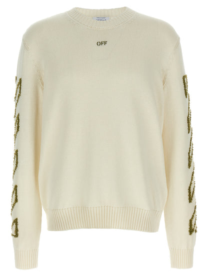 Cardigan by Off-White for men in cotton beige & white showcases a captivating silhouette, artfully detailed with a captivating and crew neckline for a truly sophisticated captivating look.