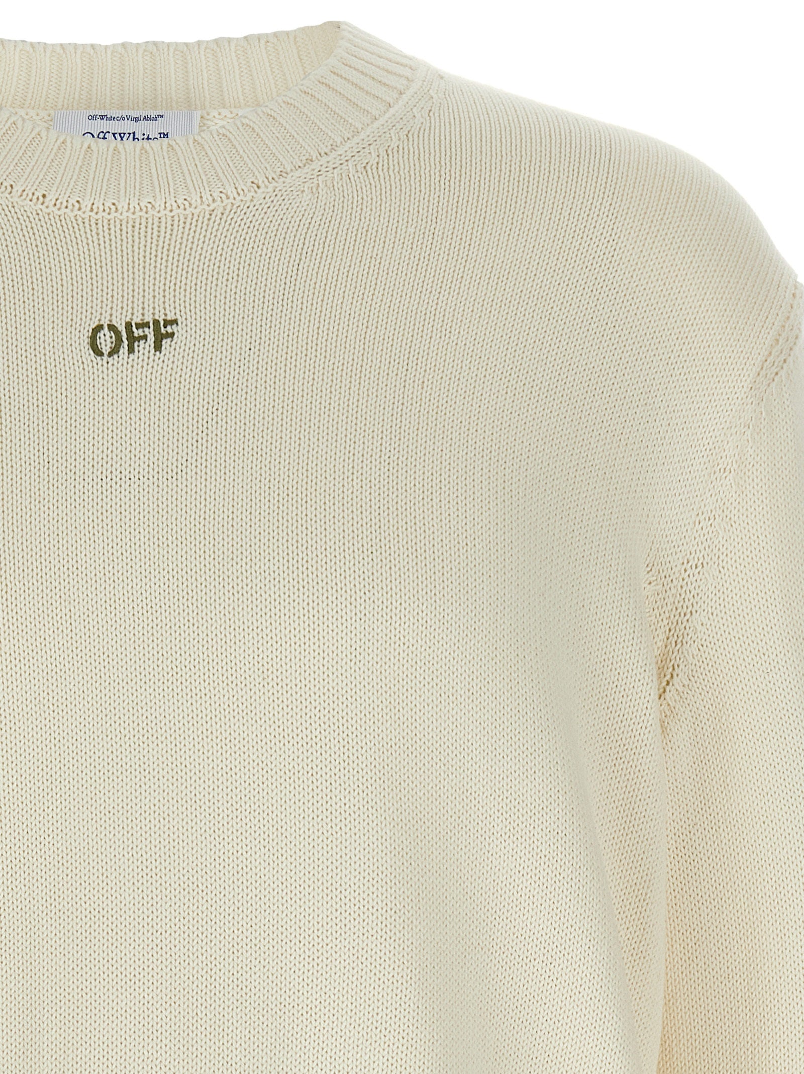Cardigan by Off-White for men in cotton beige & white features a dramatic silhouette, showcasing a sophisticated crew neckline and dramatic detail for a timeless, premium look.