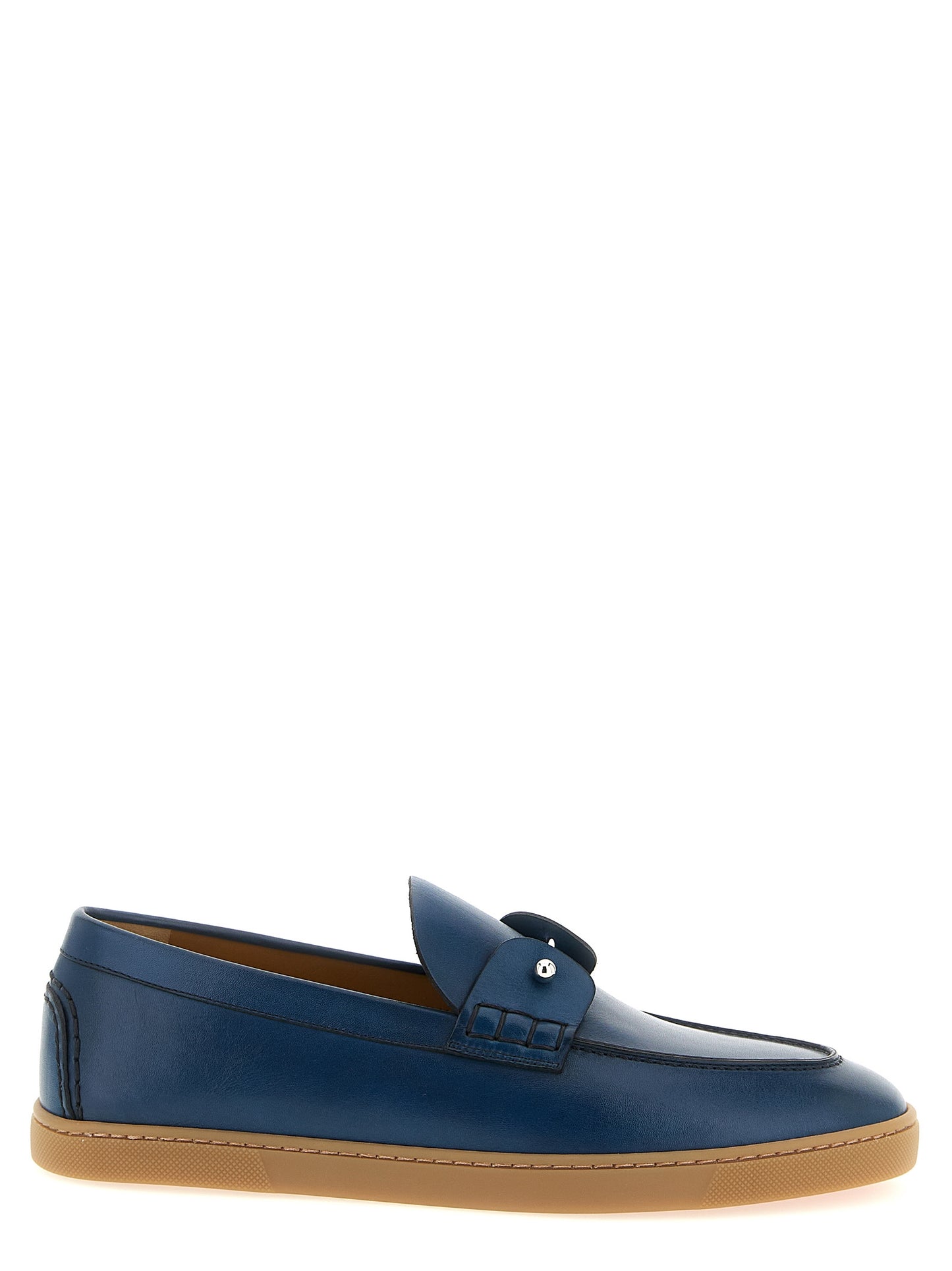 Loafer Slip-On Lace-Up Shoes by Christian Louboutin for men in calfskin leather blue & signature features an effortless chic silhouette, showcasing the Men's Calfskin Leather Loafer Slip-On Lace-Up Shoes design with an effortless chic and a for a effortless chic look.