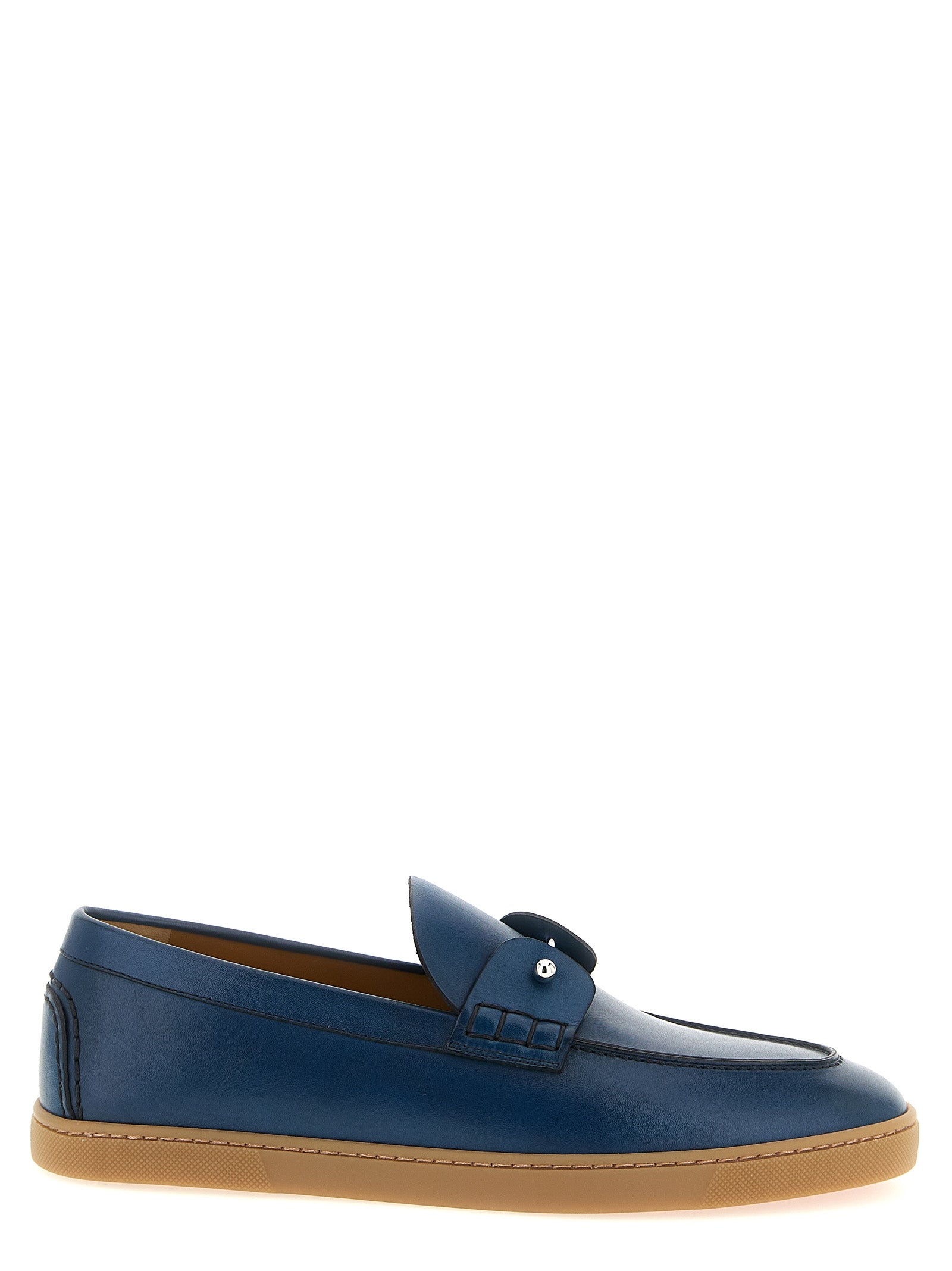 Loafer Slip-On Lace-Up Shoes by Christian Louboutin for men in calfskin leather blue & signature features an effortless chic silhouette, showcasing the Men's Calfskin Leather Loafer Slip-On Lace-Up Shoes design with an effortless chic and a for a effortless chic look.