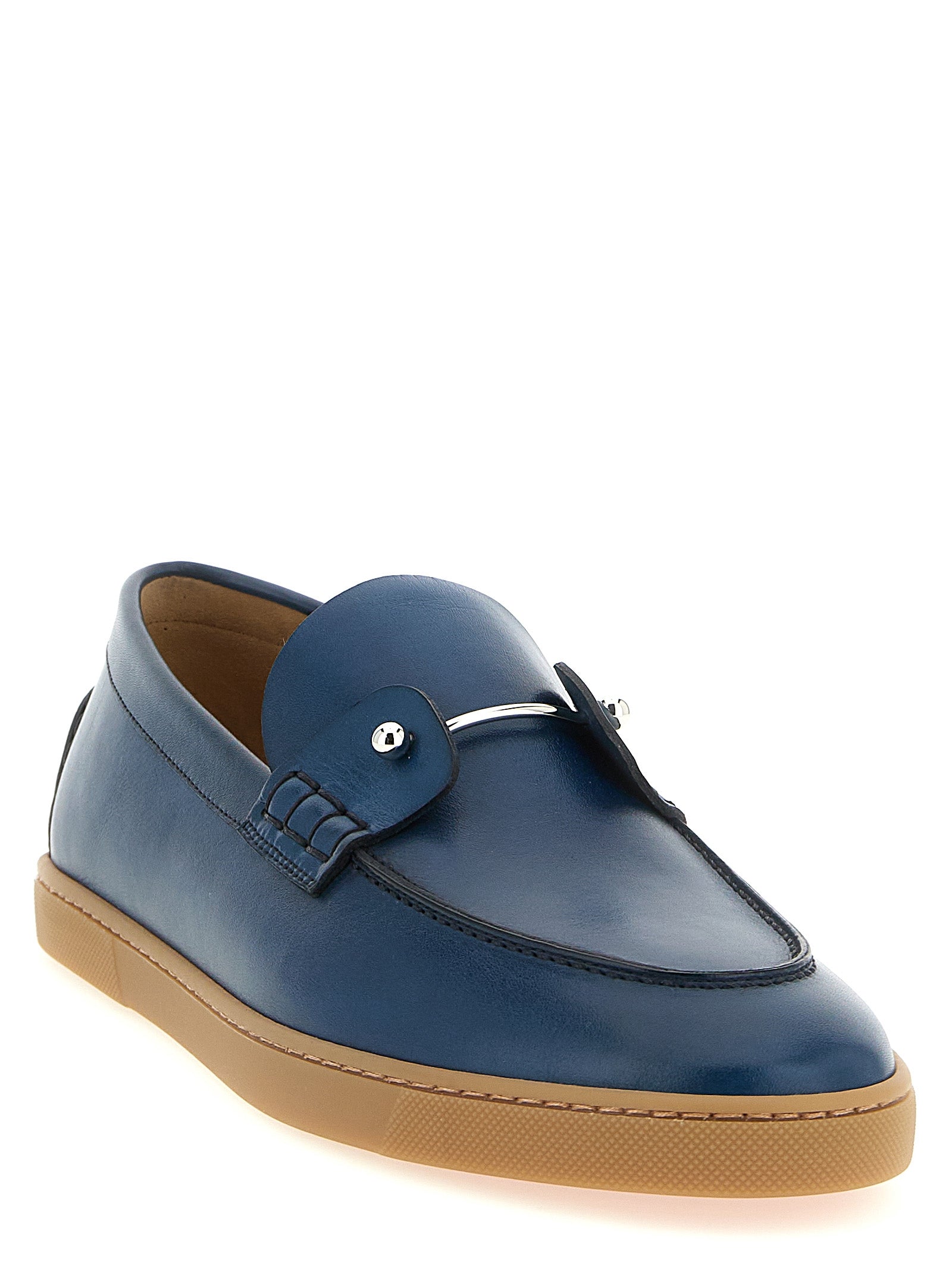 Loafer Slip-On Lace-Up Shoes by Christian Louboutin for men in calfskin leather blue & signature showcases a impeccable silhouette as Men's Calfskin Leather Loafer Slip-On Lace-Up Shoes, artfully designed with a impeccable and refined for a impeccable finish.
