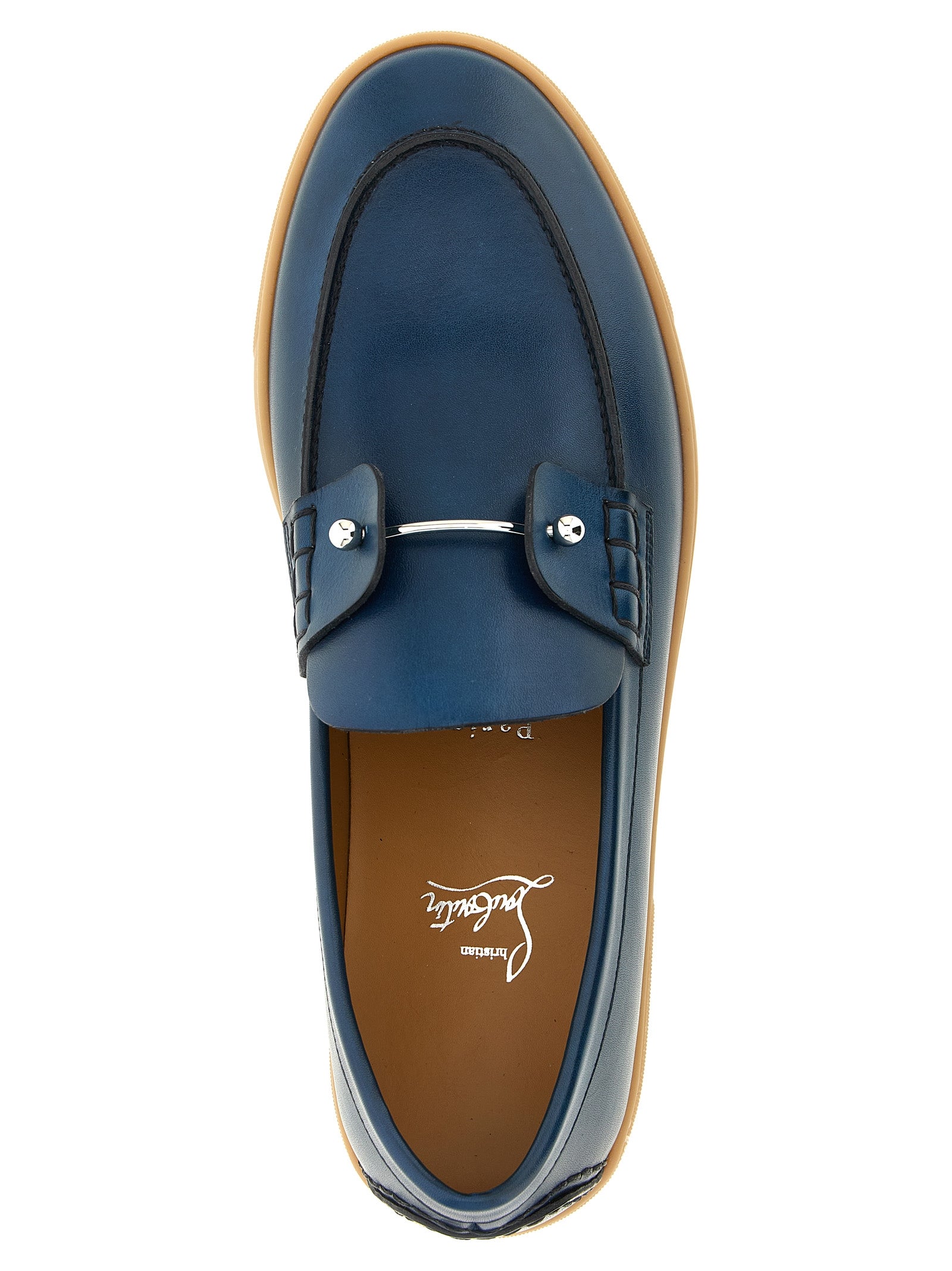 Loafer Slip-On Lace-Up Shoes by Christian Louboutin for men in calfskin leather blue & signature features an effortless chic silhouette, showcasing the Men's Calfskin Leather Loafer Slip-On Lace-Up Shoes design with an effortless chic and a for a effortless chic look.