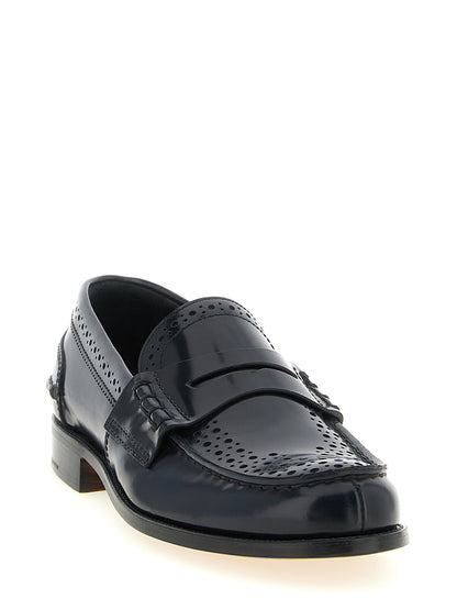 Flat Brogue Brogues Loafer Slip-On Shoes by Church's for women in bos taurus calfskin leather blue & patterned showcases a resplendent Women's Bos Taurus Calfskin Leather Flat Brogue Brogues Loafer Slip-On Shoes aesthetic, defined by its resplendent and elegant flat.
