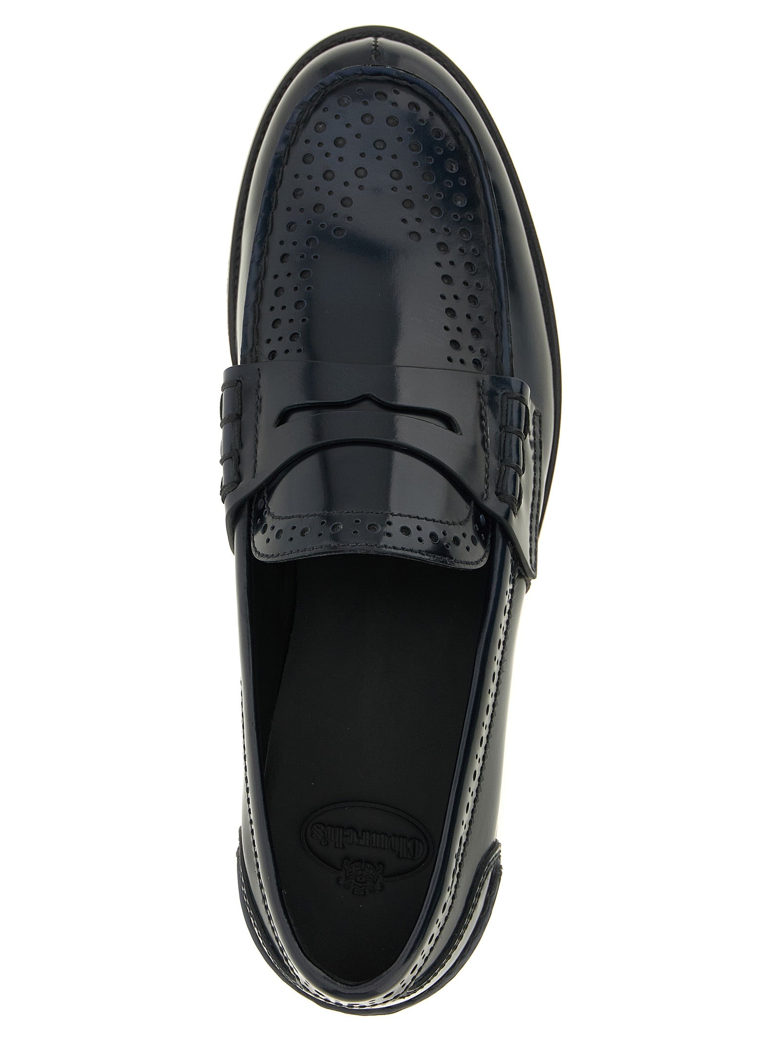 Flat Brogue Brogues Loafer Slip-On Shoes by Church's for women in bos taurus calfskin leather blue & patterned features an ergonomic silhouette, perfectly showcasing Women's Bos Taurus Calfskin Leather Flat Brogue Brogues Loafer Slip-On Shoes with its distinct flat and elegant .