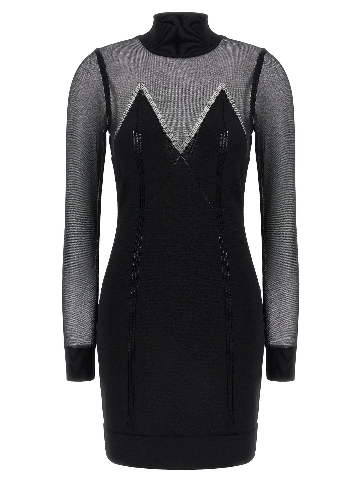 Dress by Elisabetta Franchi for women in polyamide viscose & cotton black features an eye catching silhouette with a sophisticated high-neck neckline, elegant long-sleeve, and a refined short mini for a eye catching aesthetic.
