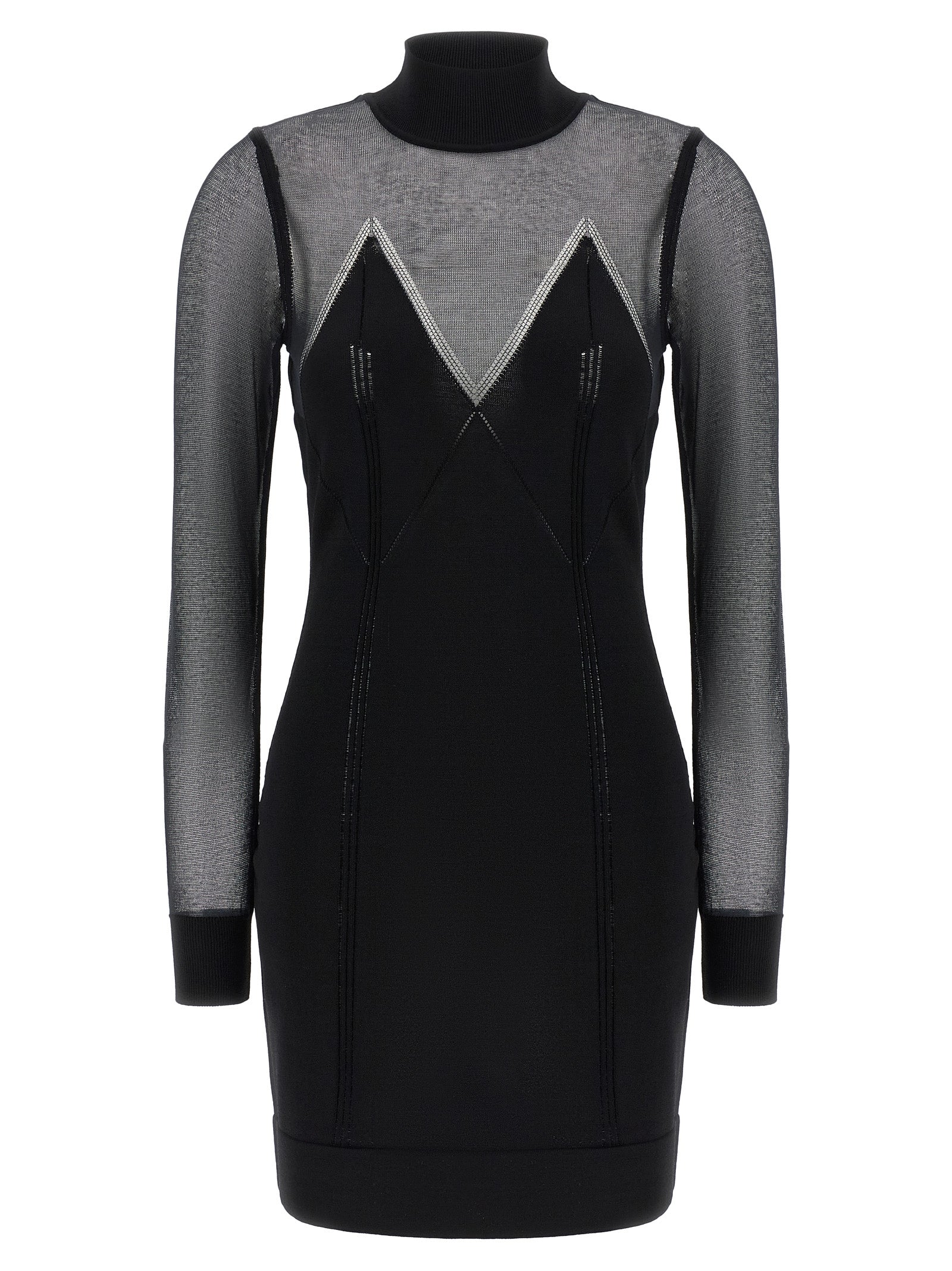 Dress by Elisabetta Franchi for women in polyamide viscose & cotton black features an eye catching silhouette with a sophisticated high-neck neckline, elegant long-sleeve, and a refined short mini for a eye catching aesthetic.