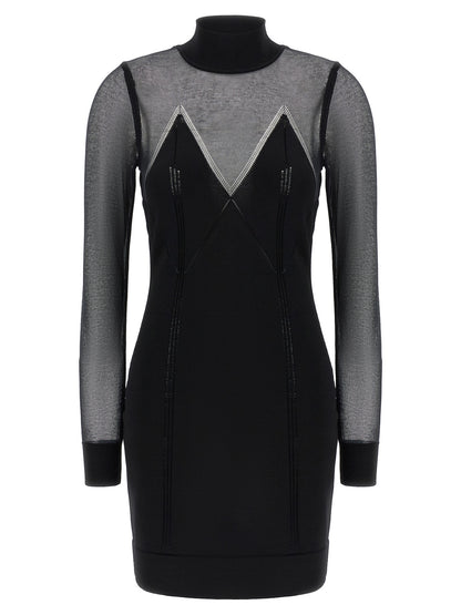 Dress by Elisabetta Franchi for women in polyamide viscose & cotton black features an eye catching silhouette with a sophisticated high-neck neckline, elegant long-sleeve, and a refined short mini for a eye catching aesthetic.