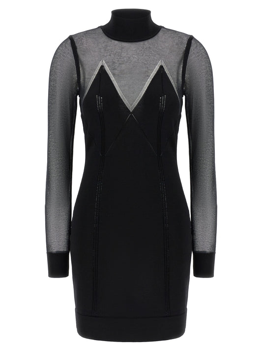 Dress by Elisabetta Franchi for women in polyamide viscose & cotton black features an eye catching silhouette with a sophisticated high-neck neckline, elegant long-sleeve, and a refined short mini for a eye catching aesthetic.