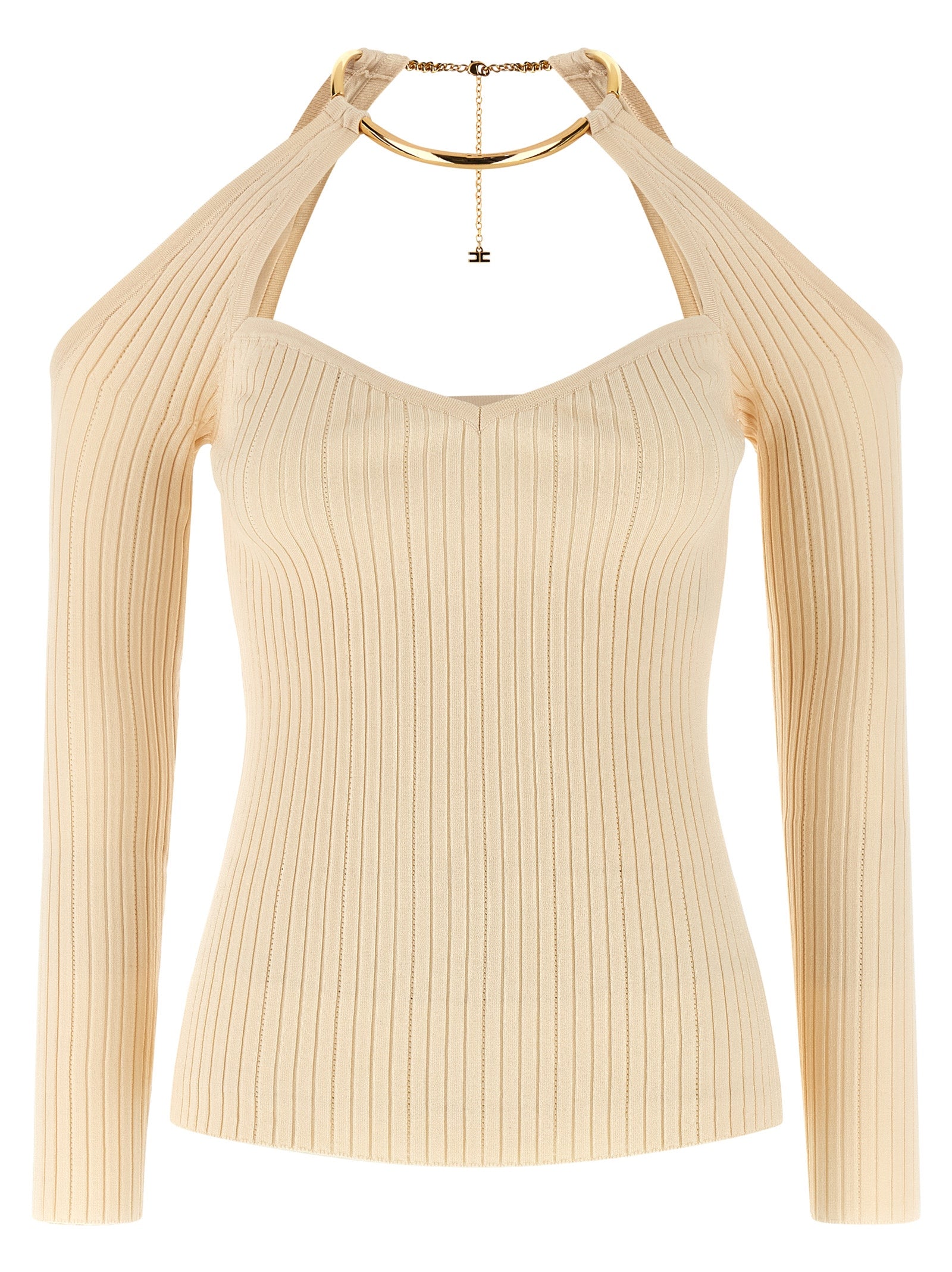 Cardigan by Elisabetta Franchi for women in viscose & polyamide beige features a dramatic silhouette, showcasing a sophisticated and dramatic long-sleeve detail for a timeless, premium look.