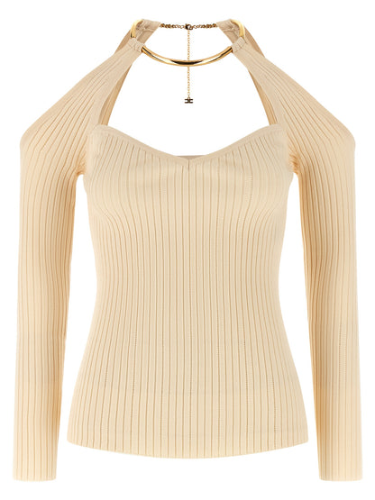 Cardigan by Elisabetta Franchi for women in viscose & polyamide beige features a dramatic silhouette, showcasing a sophisticated and dramatic long-sleeve detail for a timeless, premium look.