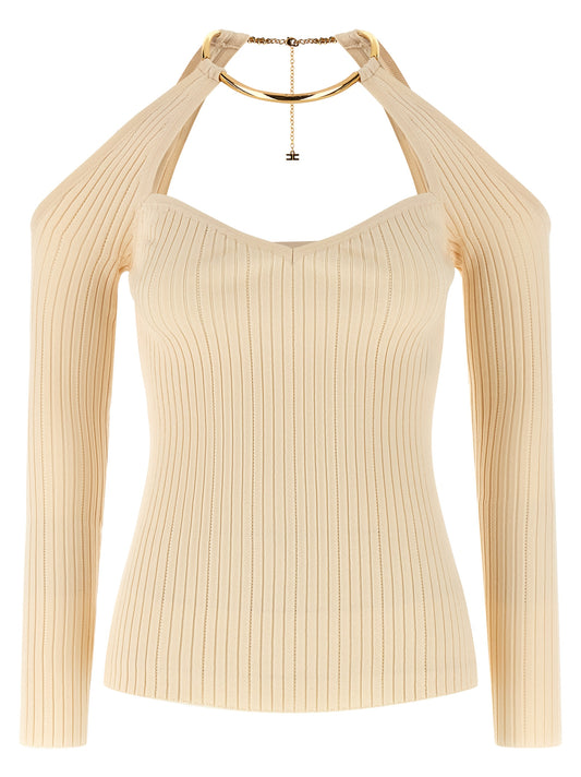 Cardigan by Elisabetta Franchi for women in viscose & polyamide beige features a dramatic silhouette, showcasing a sophisticated and dramatic long-sleeve detail for a timeless, premium look.