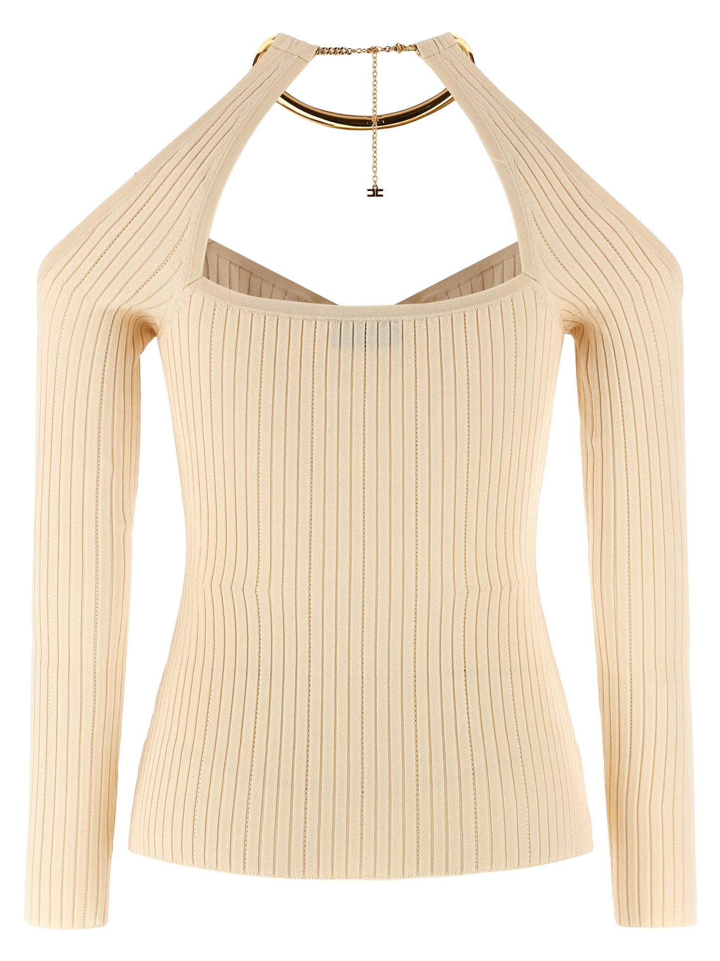 Cardigan by Elisabetta Franchi for women in viscose & polyamide beige showcases a luxurious silhouette, meticulously detailed with a sophisticated and for a refined finish.