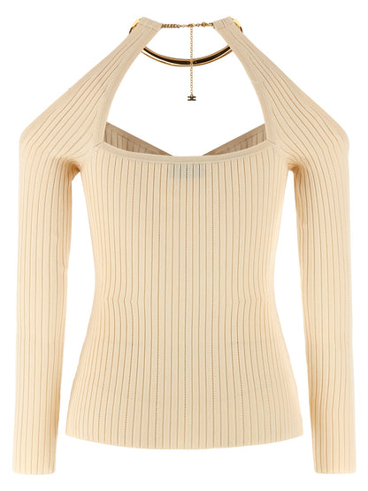 Cardigan by Elisabetta Franchi for women in viscose & polyamide beige showcases a luxurious silhouette, meticulously detailed with a sophisticated and for a refined finish.