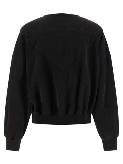 Sweatshirt Hoodie by MM6 Maison Margiela for women in cotton black, white & signature features an avant-garde silhouette, showcasing a sophisticated v-neck hooded neckline and detail for a truly avant-garde finish.