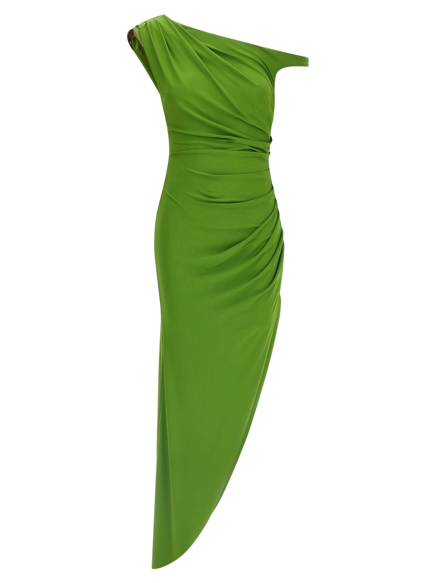 Dress by Elisabetta Franchi for women in stretch viscose bicolour & green features an eye catching silhouette with a sophisticated asymmetric boat neckline, elegant , and a refined long for a eye catching aesthetic.