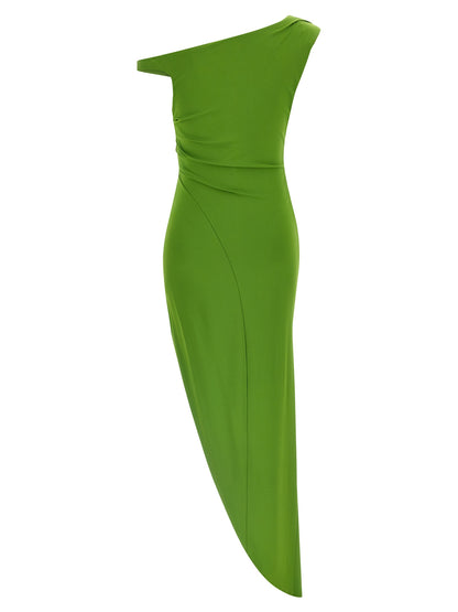 Dress by Elisabetta Franchi for women in stretch viscose bicolour & green features an cute silhouette, detailed with a and asymmetric boat neckline that elegantly flows into a cute long.