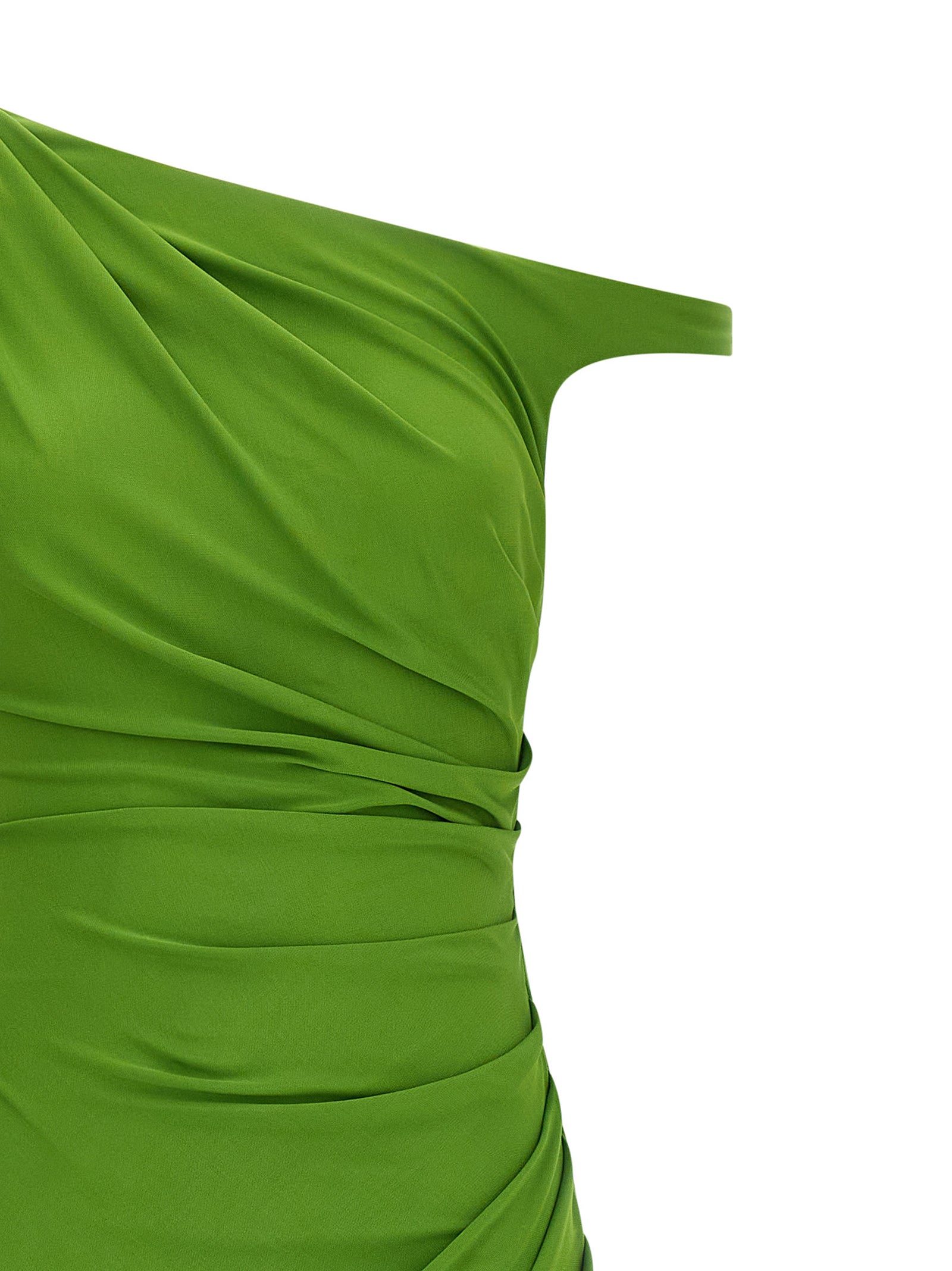 Dress by Elisabetta Franchi for women in stretch viscose bicolour & green features a dramatic silhouette, showcasing an elegant asymmetric boat neckline and that flows into a dramatic long.