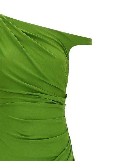 Dress by Elisabetta Franchi for women in stretch viscose bicolour & green features a dramatic silhouette, showcasing an elegant asymmetric boat neckline and that flows into a dramatic long.