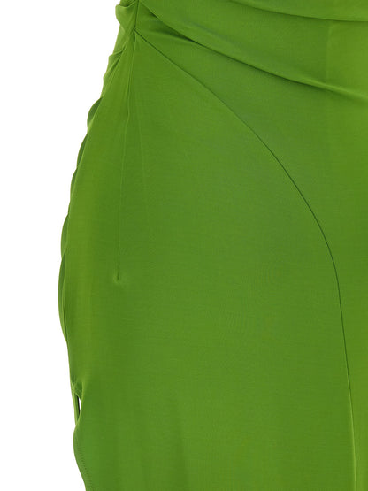 Dress by Elisabetta Franchi for women in stretch viscose bicolour & green features an eye catching silhouette with a sophisticated asymmetric boat neckline, elegant , and a refined long for a eye catching aesthetic.