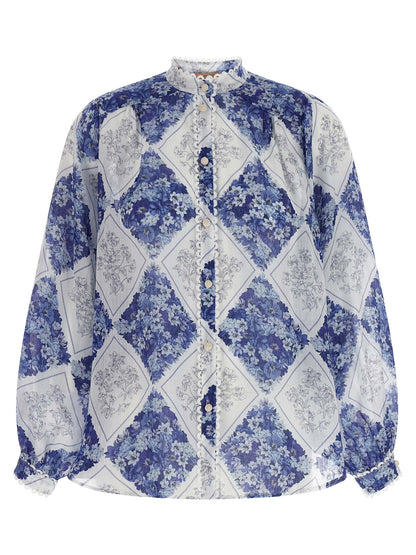 Blouse by Twinset for women in ramie & leather blue, patterned, floral & print, featuring a nuanced and nuanced mandarin neckline for a sophisticated finish.