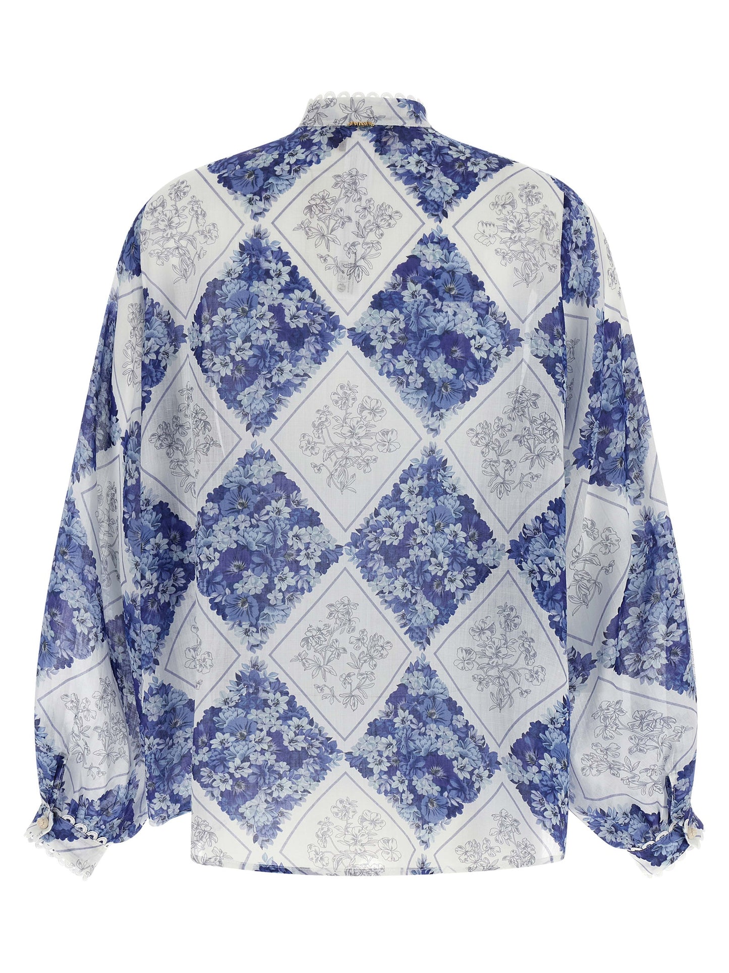 Blouse by Twinset for women in ramie & leather blue, patterned, floral & print showcases a sublime silhouette, artfully detailed with a sublime mandarin neckline and for a sophisticated, sublime finish.