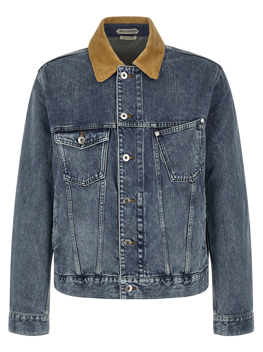 Trucker Jacket by J.W.Anderson for men in denim cotton corduroy blue & signature showcases a bohemian silhouette, artfully detailed with a bohemian shirt-collar neckline and signature pockets for a truly bohemian finish.