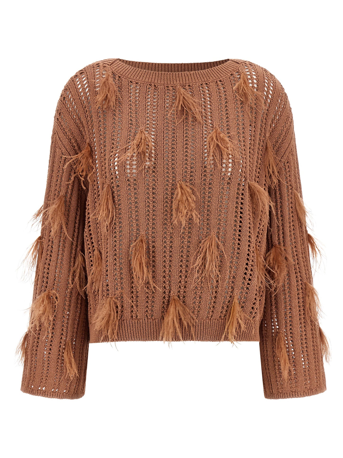 Cardigan by Twinset for women in cotton viscose & ostrich leather brown & patterned presents a textural silhouette, artfully finished with a textural boat neckline and long-sleeve for a sophisticated, textural look.