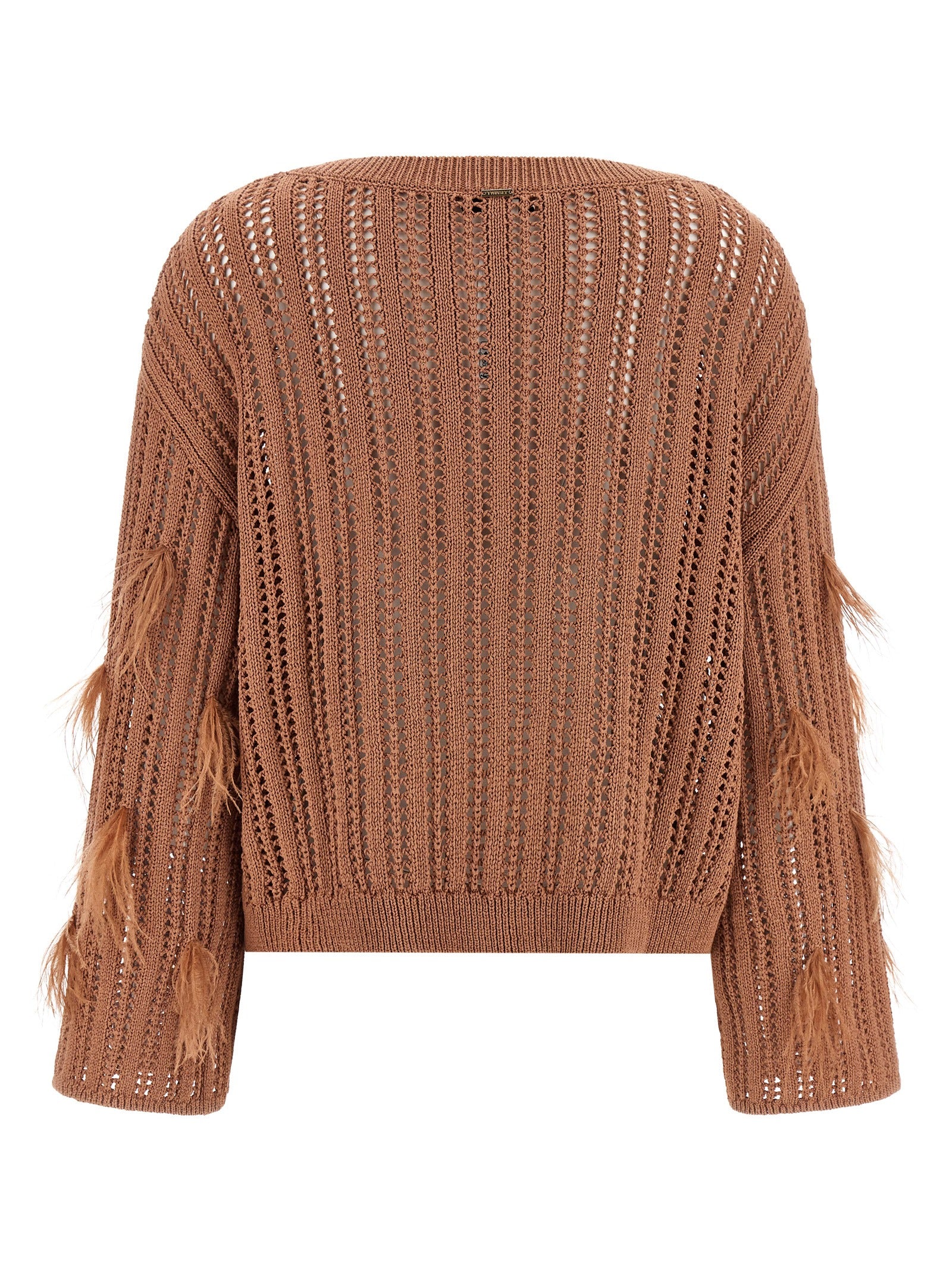 Cardigan by Twinset for women in cotton viscose & ostrich leather brown & patterned features an crisp silhouette, showcasing a sophisticated boat neckline and detail for a truly crisp finish.