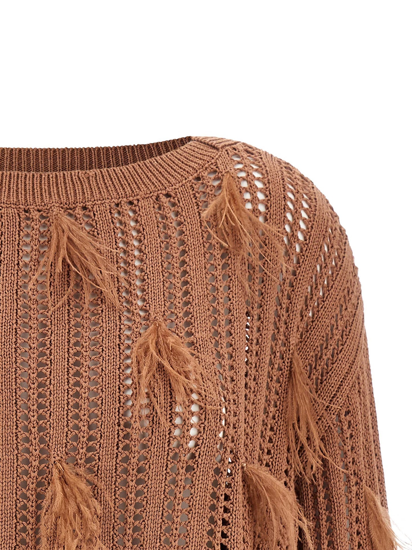 Cardigan by Twinset for women in cotton viscose & ostrich leather brown & patterned showcases a captivating silhouette, artfully detailed with a captivating and boat neckline for a truly sophisticated captivating look.