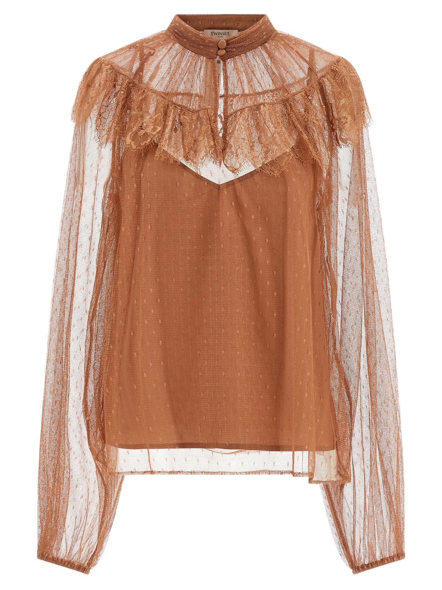 Blouse by Twinset for women in polyester brown & transparent showcases a sleek silhouette, elegantly detailed with a sleek high-neck neckline and for a sleek finish.