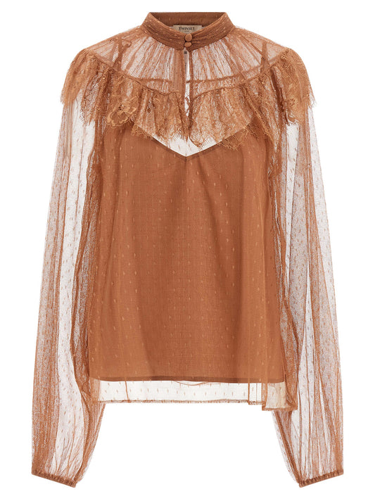 Blouse by Twinset for women in polyester brown & transparent showcases a sleek silhouette, elegantly detailed with a sleek high-neck neckline and for a sleek finish.