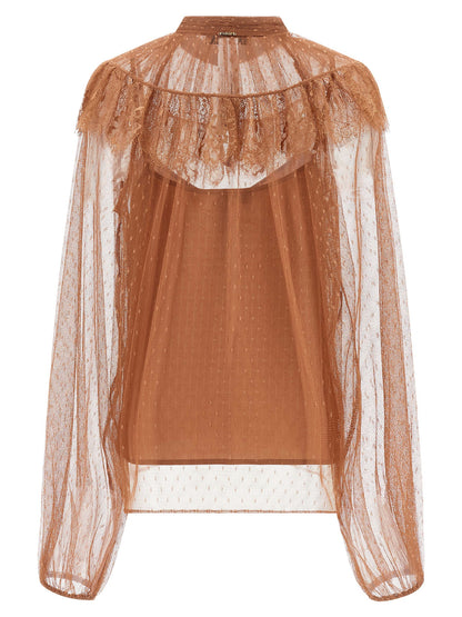 Blouse by Twinset for women in polyester brown & transparent, featuring a nuanced and nuanced high-neck neckline for a sophisticated finish.