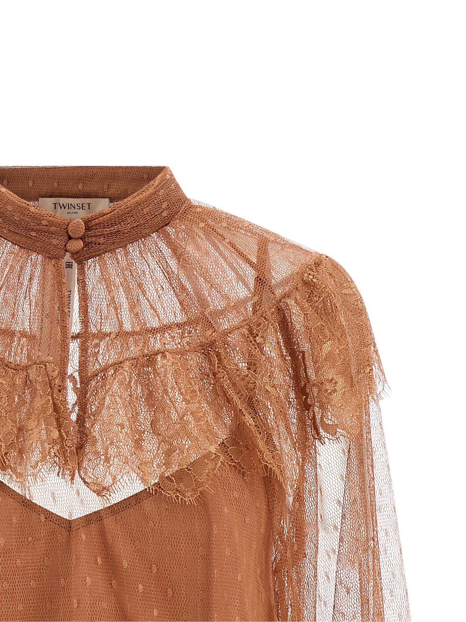 Blouse by Twinset for women in polyester brown & transparent features an architectural silhouette with a refined and elegant high-neck neckline for a architectural look.