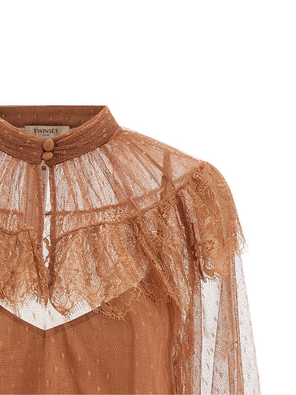 Blouse by Twinset for women in polyester brown & transparent features an architectural silhouette with a refined and elegant high-neck neckline for a architectural look.
