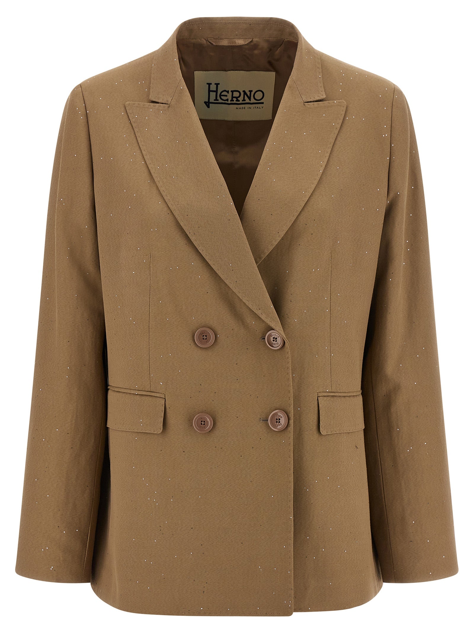 Blazer by Herno for women in viscose linen & sequins beige features an sartorial silhouette, showcasing a sophisticated split neckline and sartorial for a truly sartorial finish.
