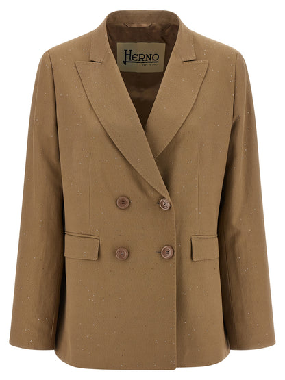 Blazer by Herno for women in viscose linen & sequins beige features an sartorial silhouette, showcasing a sophisticated split neckline and sartorial for a truly sartorial finish.