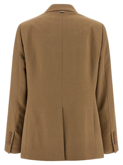 Blazer by Herno for women in viscose linen & sequins beige features an stylish silhouette, showcasing a sophisticated split neckline and stylish for a truly stylish finish.