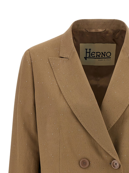 Blazer by Herno for women in viscose linen & sequins beige showcases a polished silhouette, highlighted by a refined split neckline and polished for a sophisticated finish.