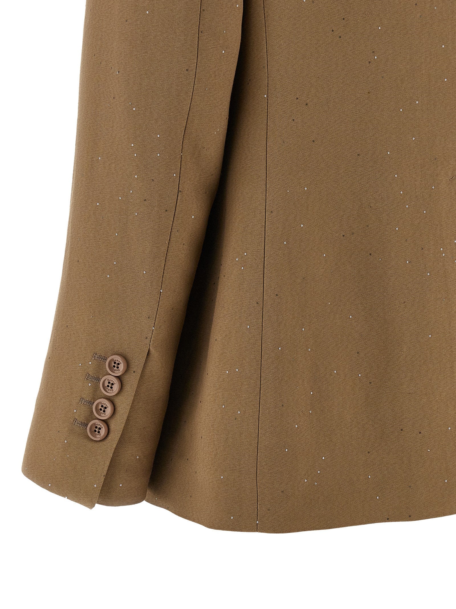 Blazer by Herno for women in viscose linen & sequins beige showcases a discerning silhouette, elegantly detailed with a sophisticated split neckline and premium for a truly discerning finish.