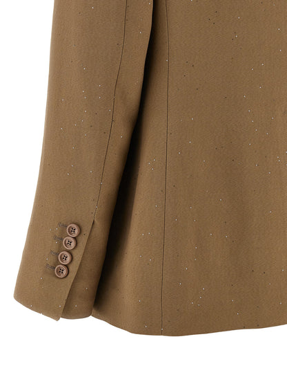 Blazer by Herno for women in viscose linen & sequins beige showcases a discerning silhouette, elegantly detailed with a sophisticated split neckline and premium for a truly discerning finish.