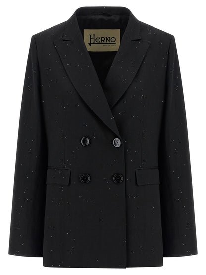 Blazer by Herno for women in polyamide linen viscose & sequins black features an stylish silhouette, showcasing a sophisticated split neckline and stylish for a truly stylish finish.