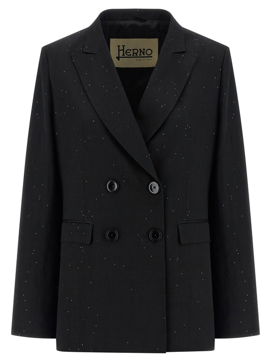 Blazer by Herno for women in polyamide linen viscose & sequins black features an stylish silhouette, showcasing a sophisticated split neckline and stylish for a truly stylish finish.