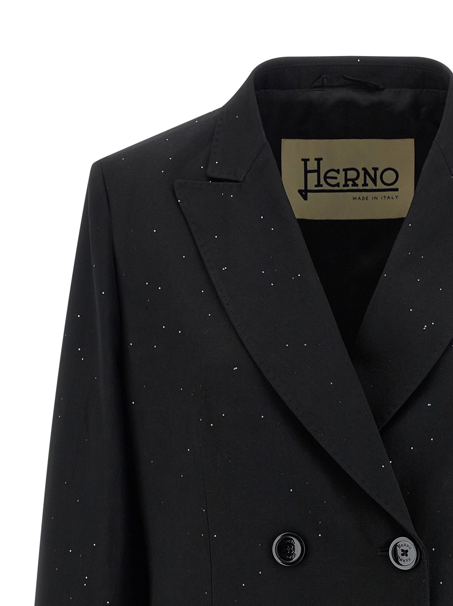 This Blazer by Herno for women in polyamide linen viscose & sequins black presents a tailored silhouette, meticulously tailored with a tailored split neckline and distinctive for a tailored finish.