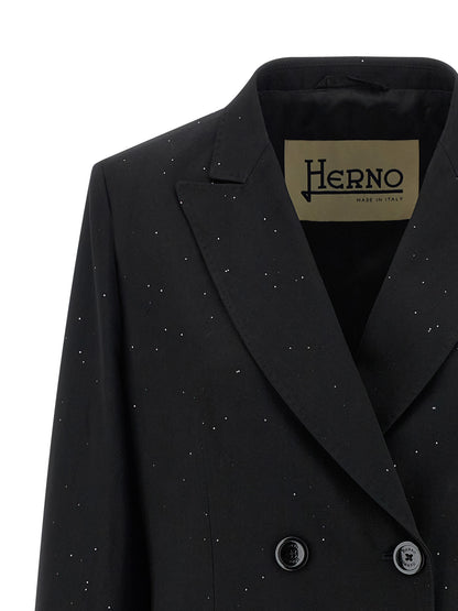 This Blazer by Herno for women in polyamide linen viscose & sequins black presents a tailored silhouette, meticulously tailored with a tailored split neckline and distinctive for a tailored finish.