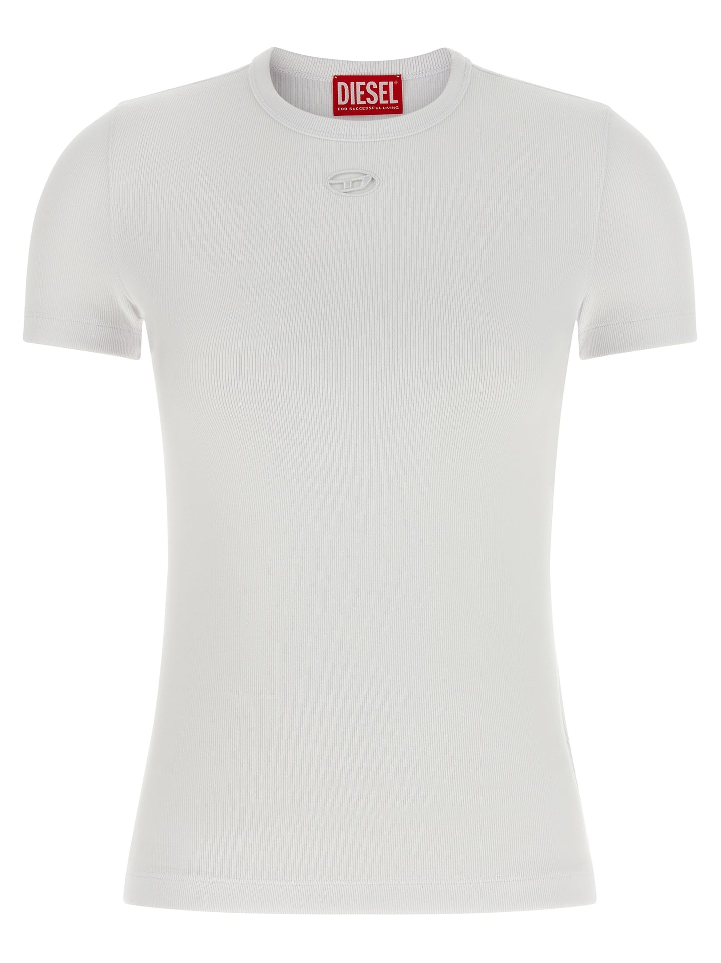 Activewear T-Shirt by Diesel for women in stretch cotton white features a versatile silhouette, showcasing a versatile crew neckline and short-sleeve detailed with high-performance for a premium look.